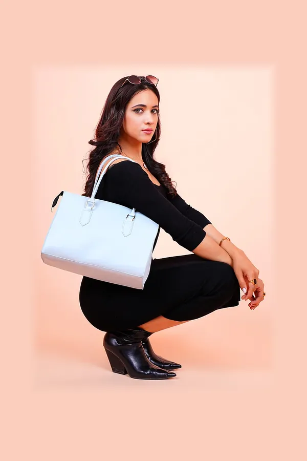 Buz Mavisi Deri Shopper Çanta